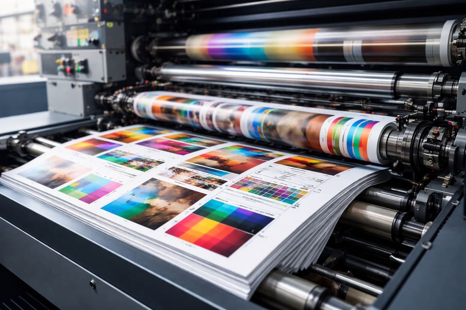Commercial printing press running printed colour sheets
